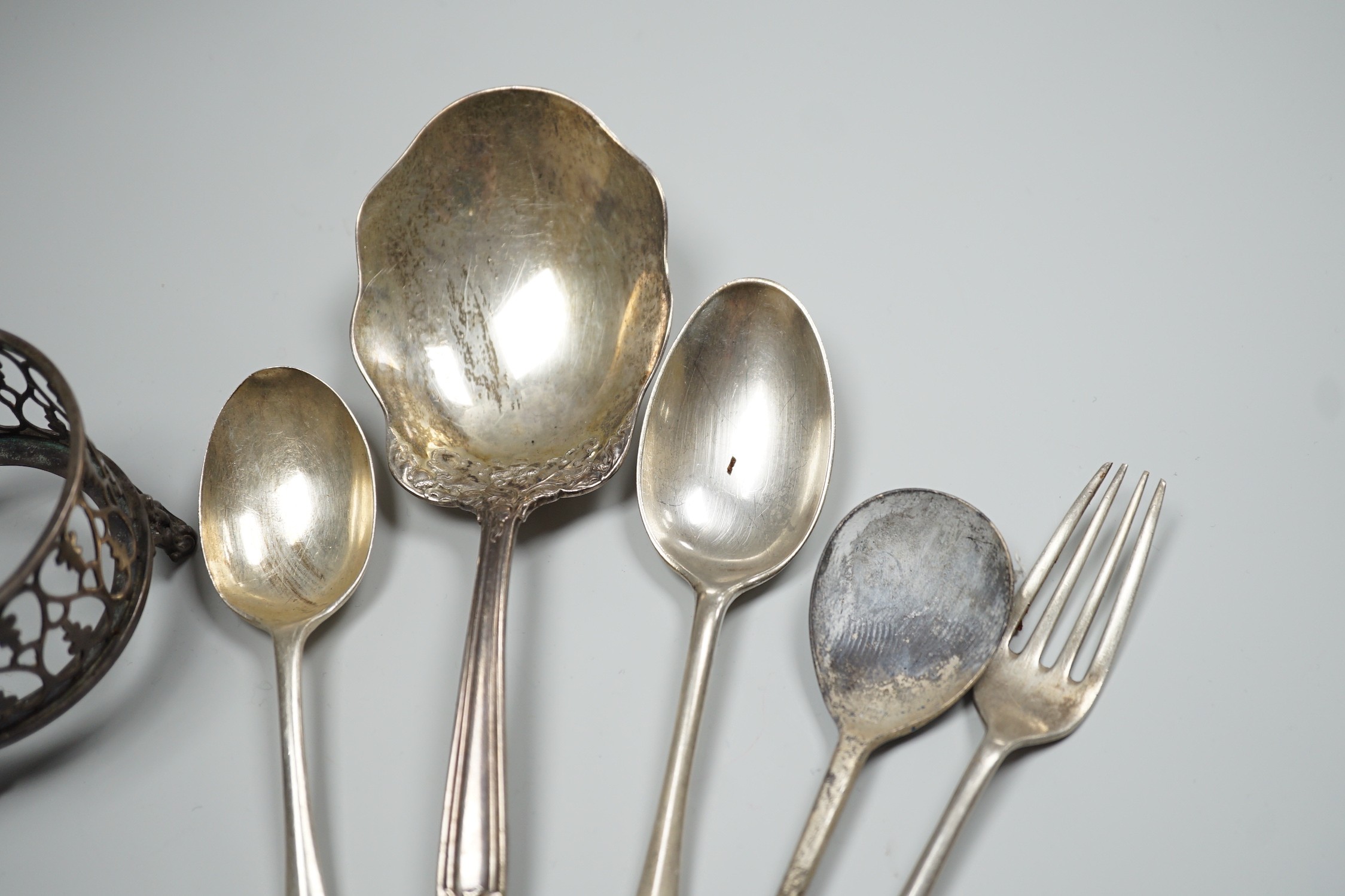 Sundry small silver including a 1930's cream jug, a Victorian mustard pot (no liner), two napkin rings and a small quantity of assorted silver and sterling flatware, 20.8oz.